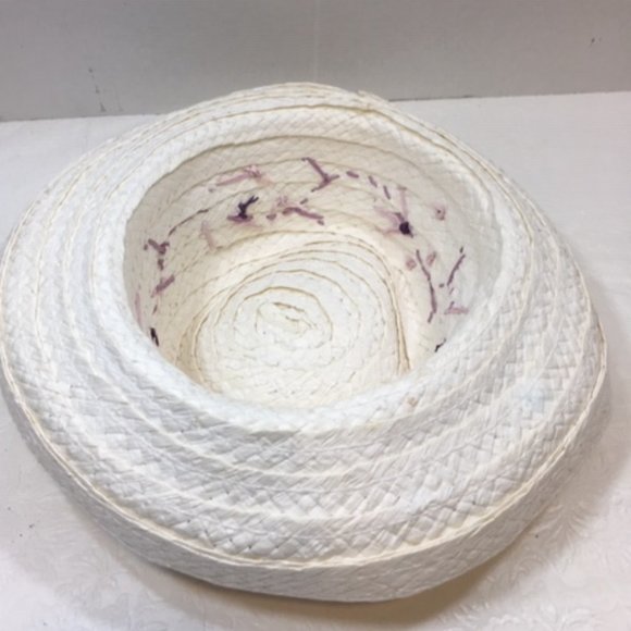 White Woven Sun Hat w/Purple Embroidered Flowers - Picture 6 of 14